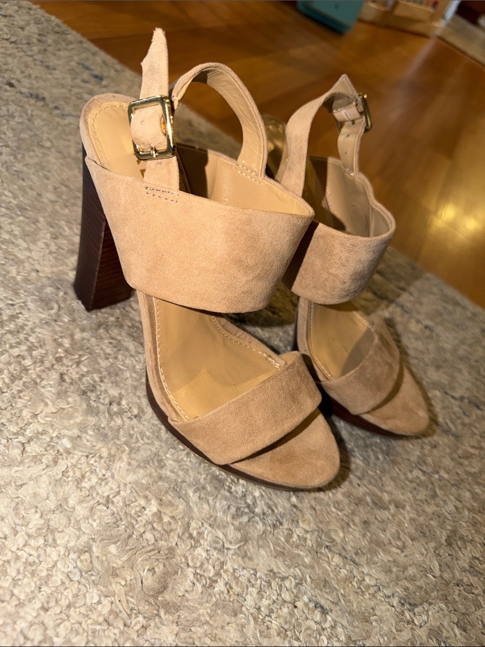 Report Beige Suede Block Heel Sandals